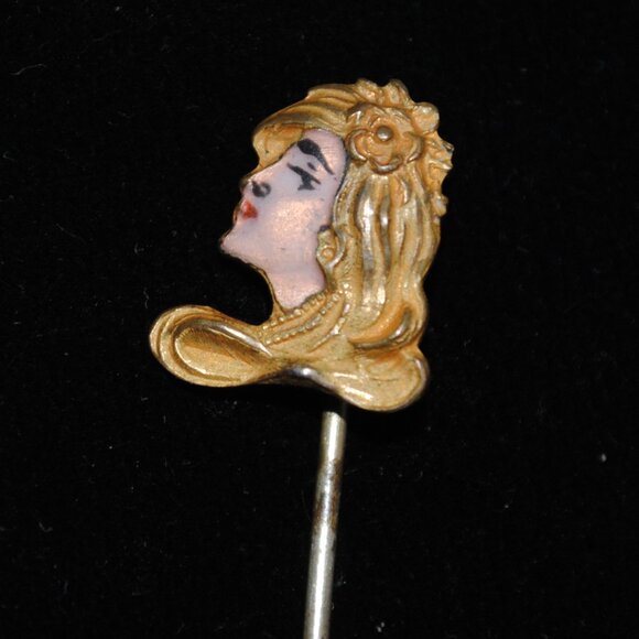 Antique Art Nouveau Enamel Side-profile of a Woman Stick Pin - Picture 1 of 7